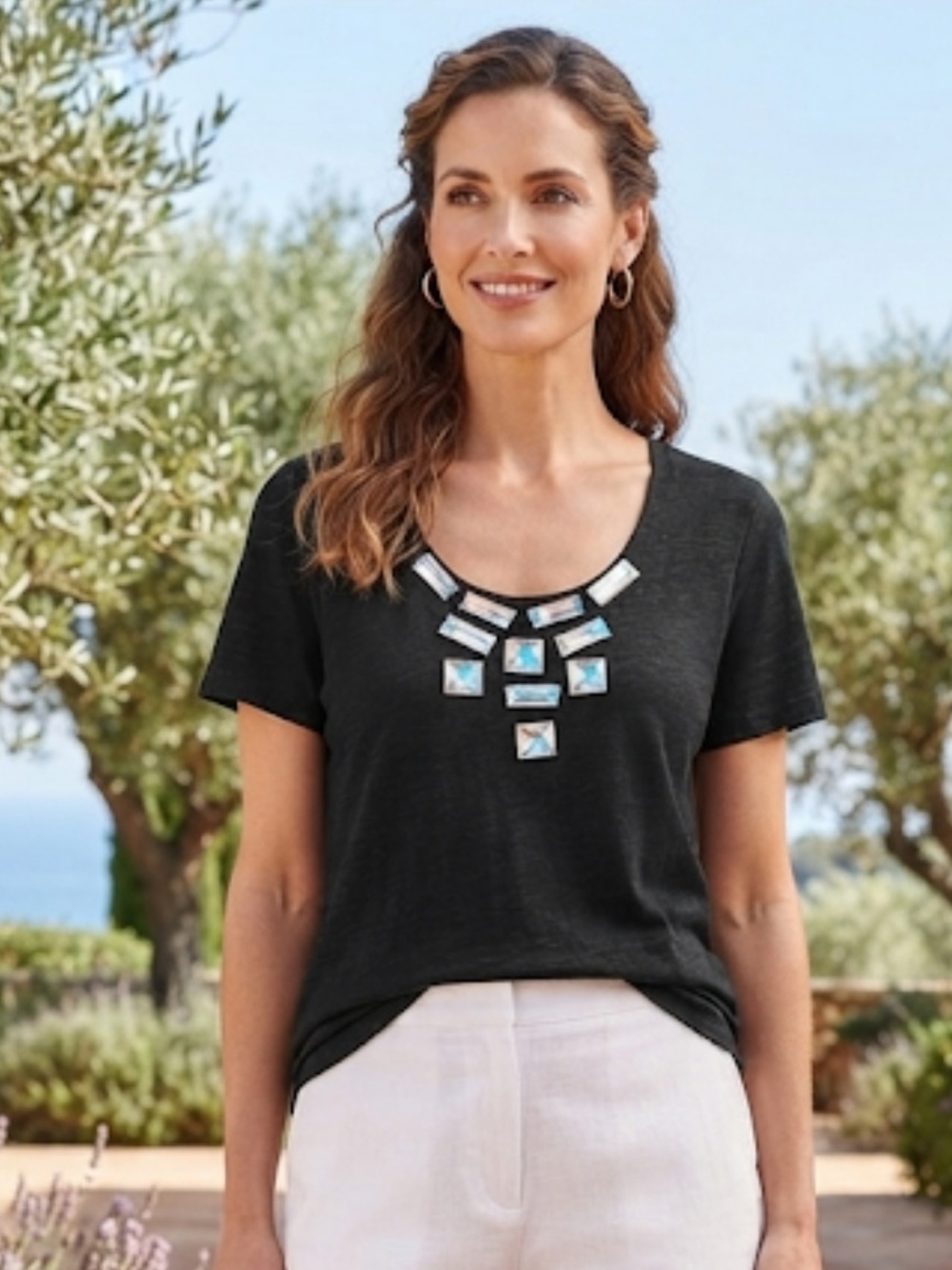 STEILMANN  NECK BLACK STRETCH TOP BLOUSE L